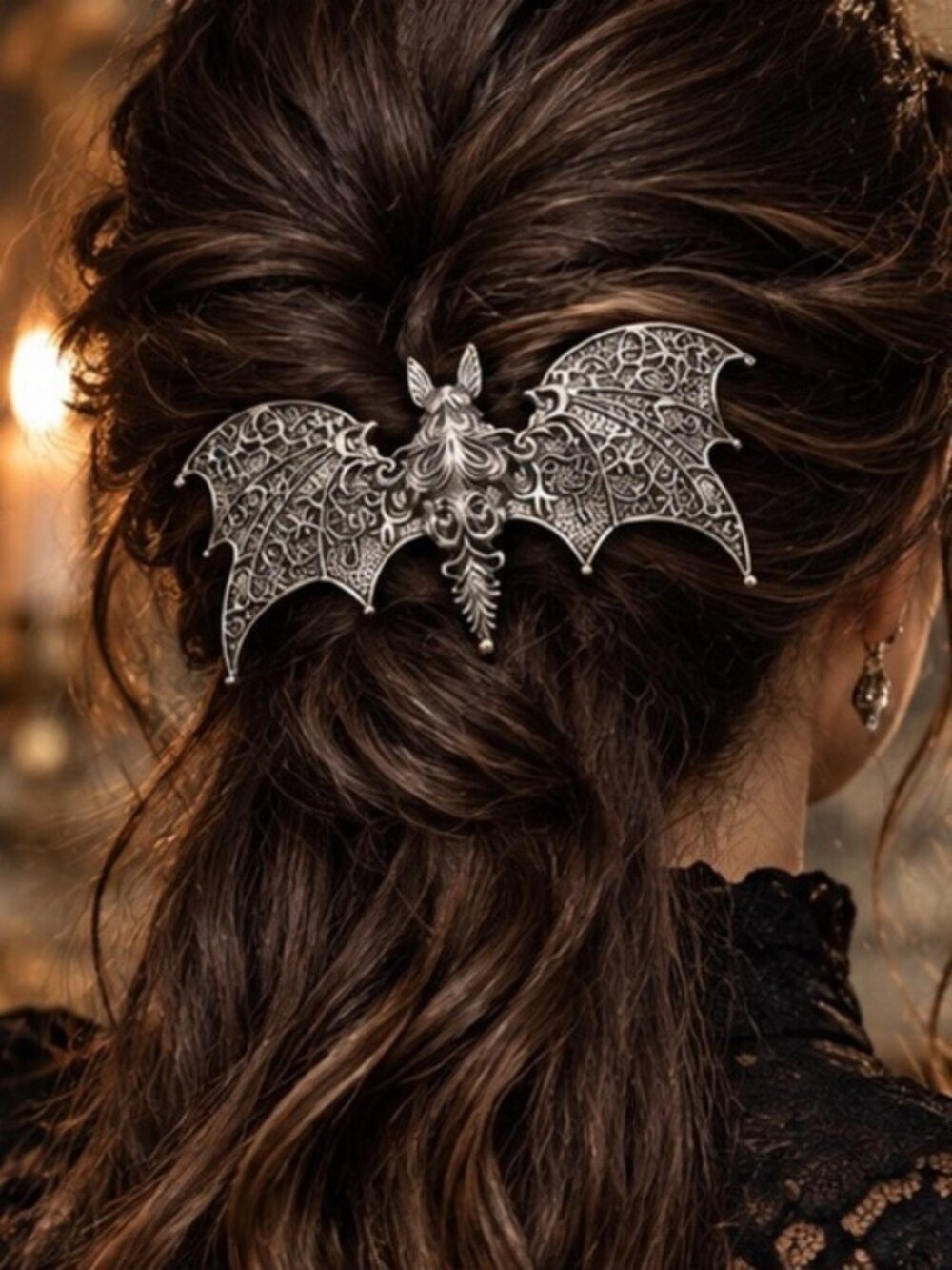 Gothic Bat Hair Barrette Silver Filigree Fantasy Hair Clip